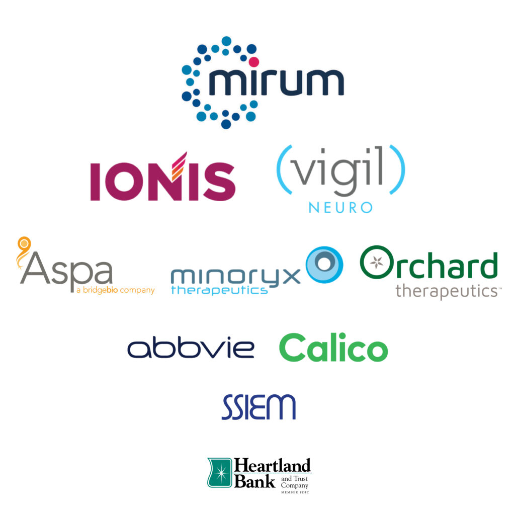 2025 Sponsor Logos: Mirum, Ionis, Vigil Neuro, Aspa a Bridgebio Company, Minoryx Therapeutics, Orchard Therapeutics, Abbvie, Calico, SSIEM, Heartland Bank and Trust Company