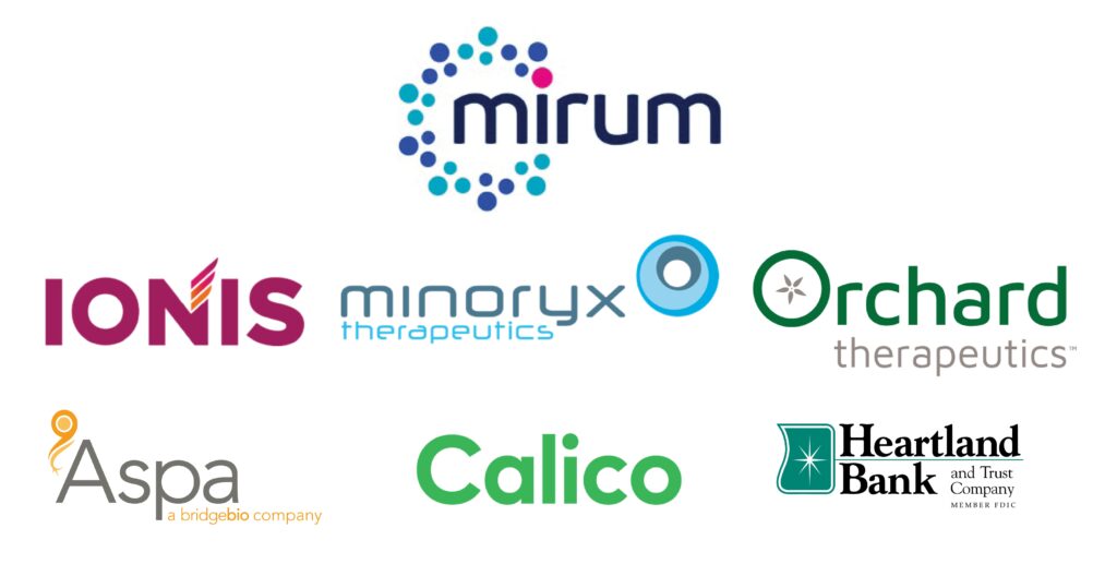 Logos for our partners: Mirum, Ionis, Minoryx Therapeutics, Orchard Therapeutics, Aspa a bridgebio company, Calico and Heartland Bank and Trust Company